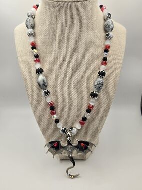 Gothic Black & Red Dragon Pendant Beaded Necklace